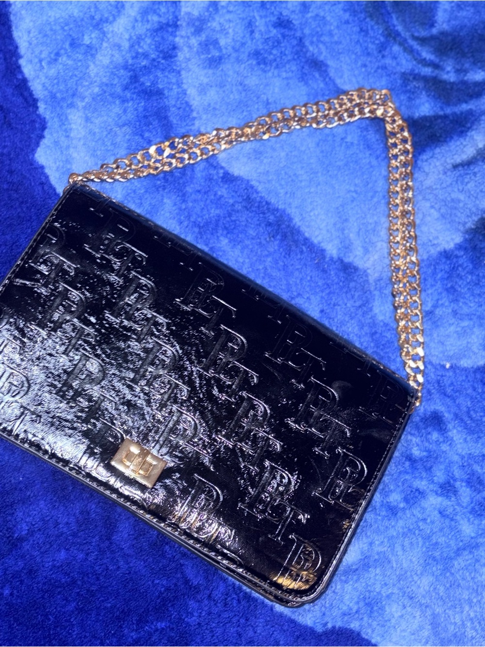 PrettyLittleThing Black Patent Chain Crossbody Bag with Gold Hardware